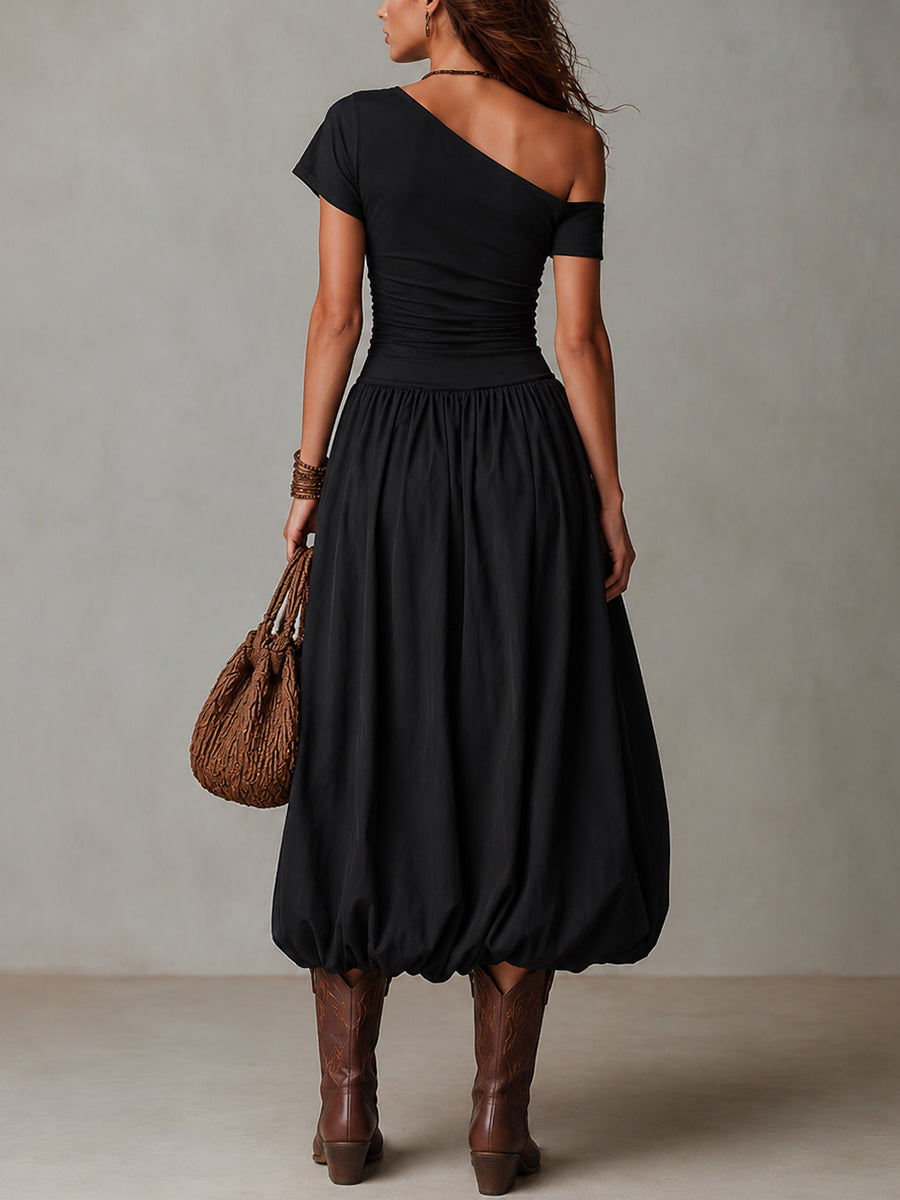 Lona™ | Maxi-jurk met één schouder en ballonzoom in vintage-stijl