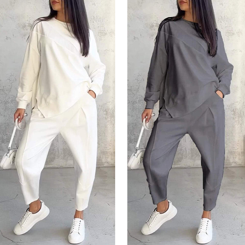 Women's long-sleeve sweatshirt with an asymmetrical hem and a matching set with pants