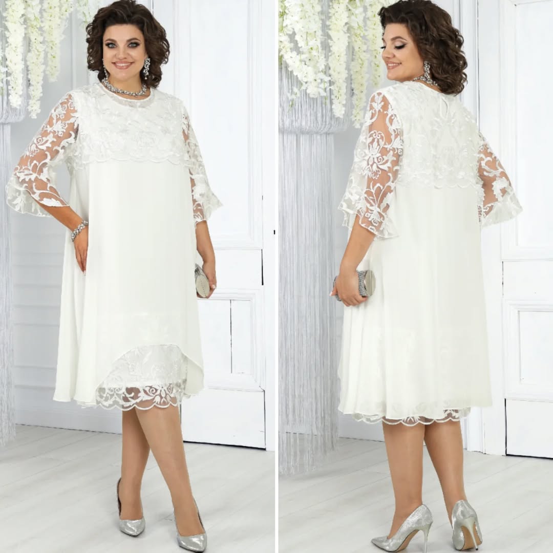 Women's dress with embroidered patchwork chiffon and a round neckline