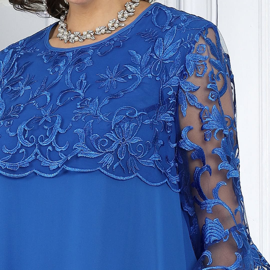 Women's dress with embroidered patchwork chiffon and a round neckline