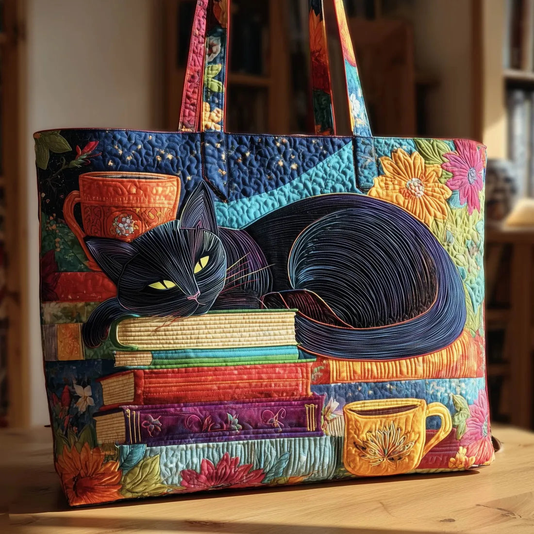 Handmade Cat Noir Bag with Books and Mugs