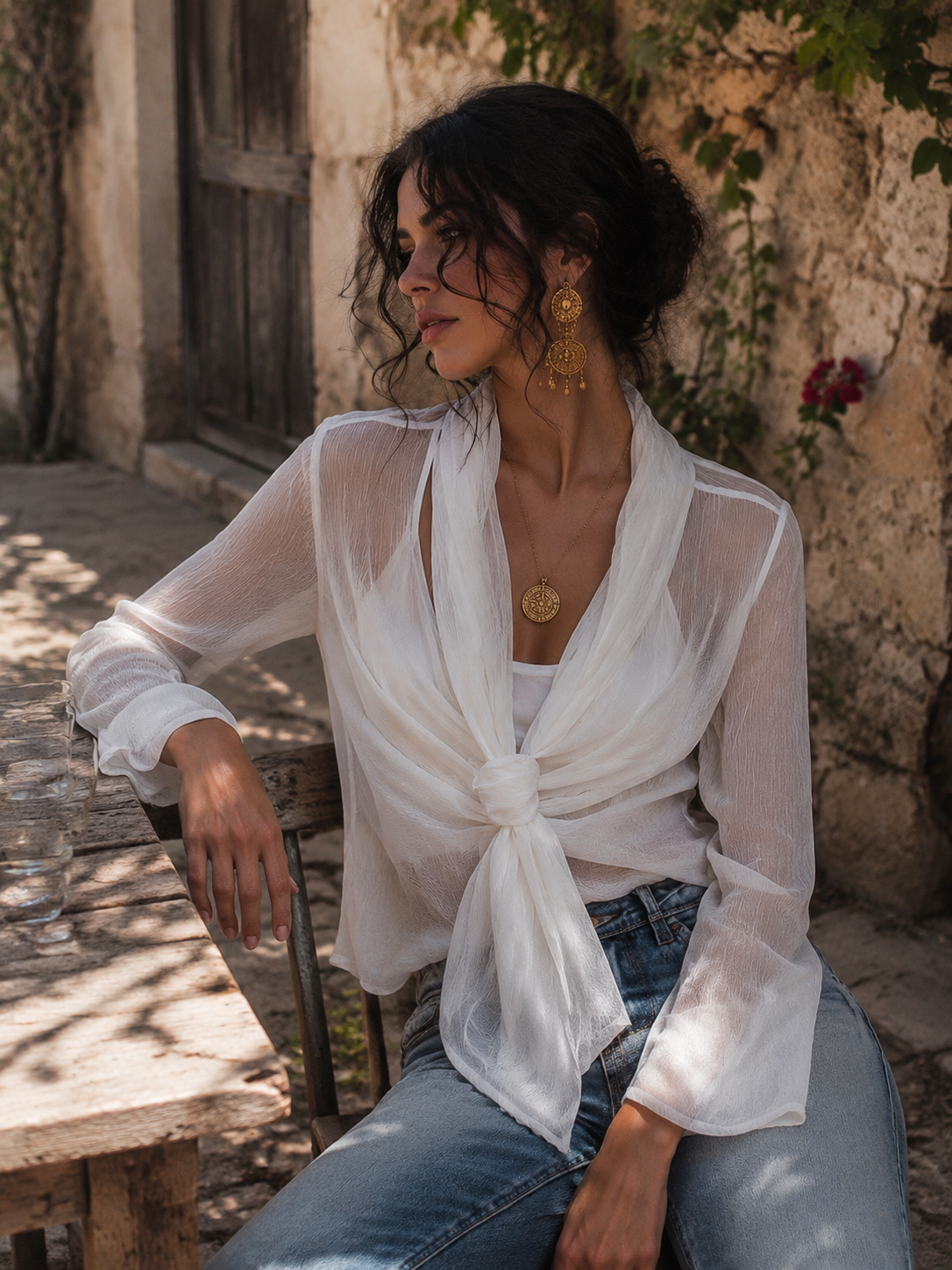 Sorae™ | Doorschijnende, gekreukelde chiffonblouse met lange mouwen en een onderhemdje
