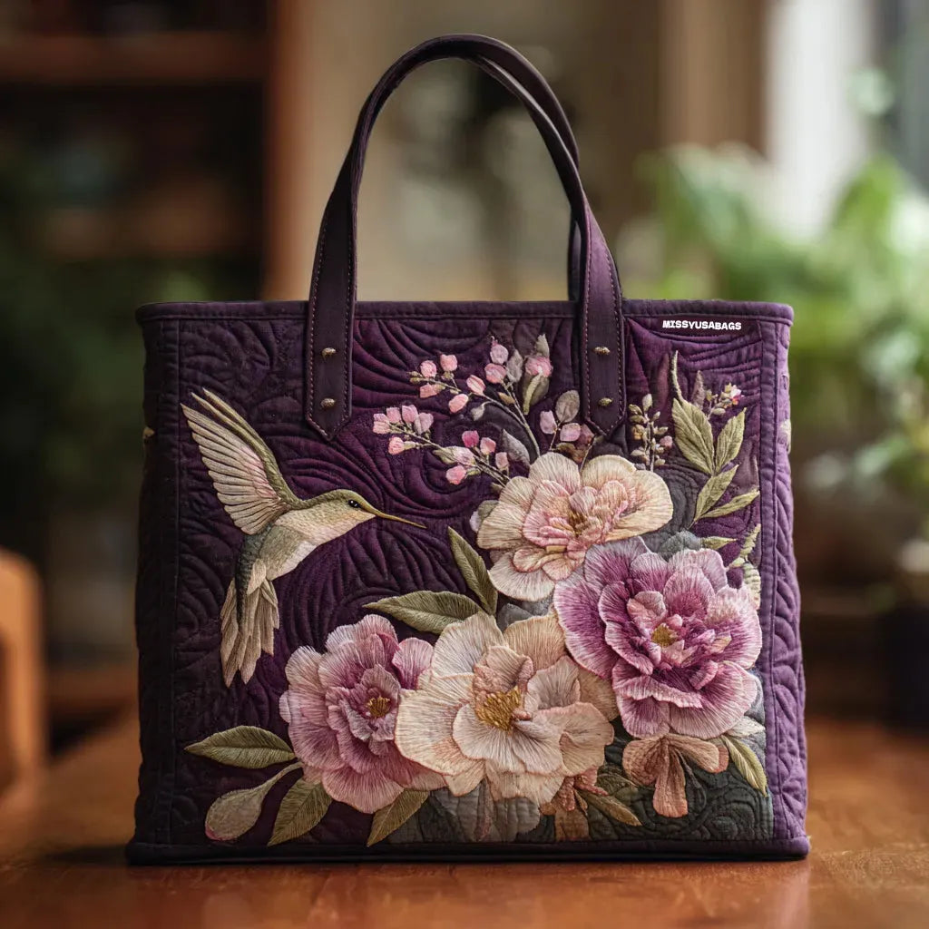 Handcrafted Lined Bag in Purple with Hummingbirds and Orchids