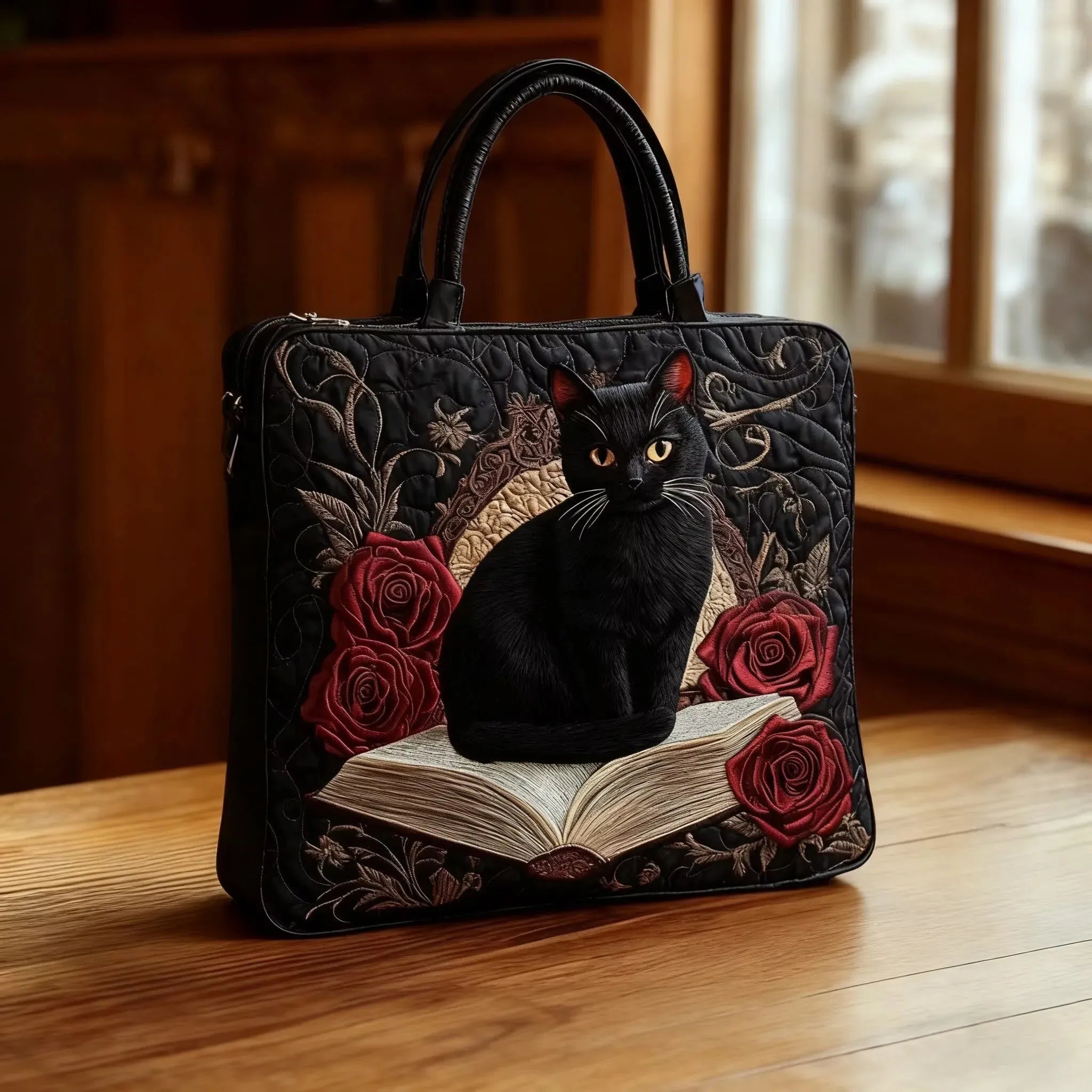 Handmade quilted bag with dark handles