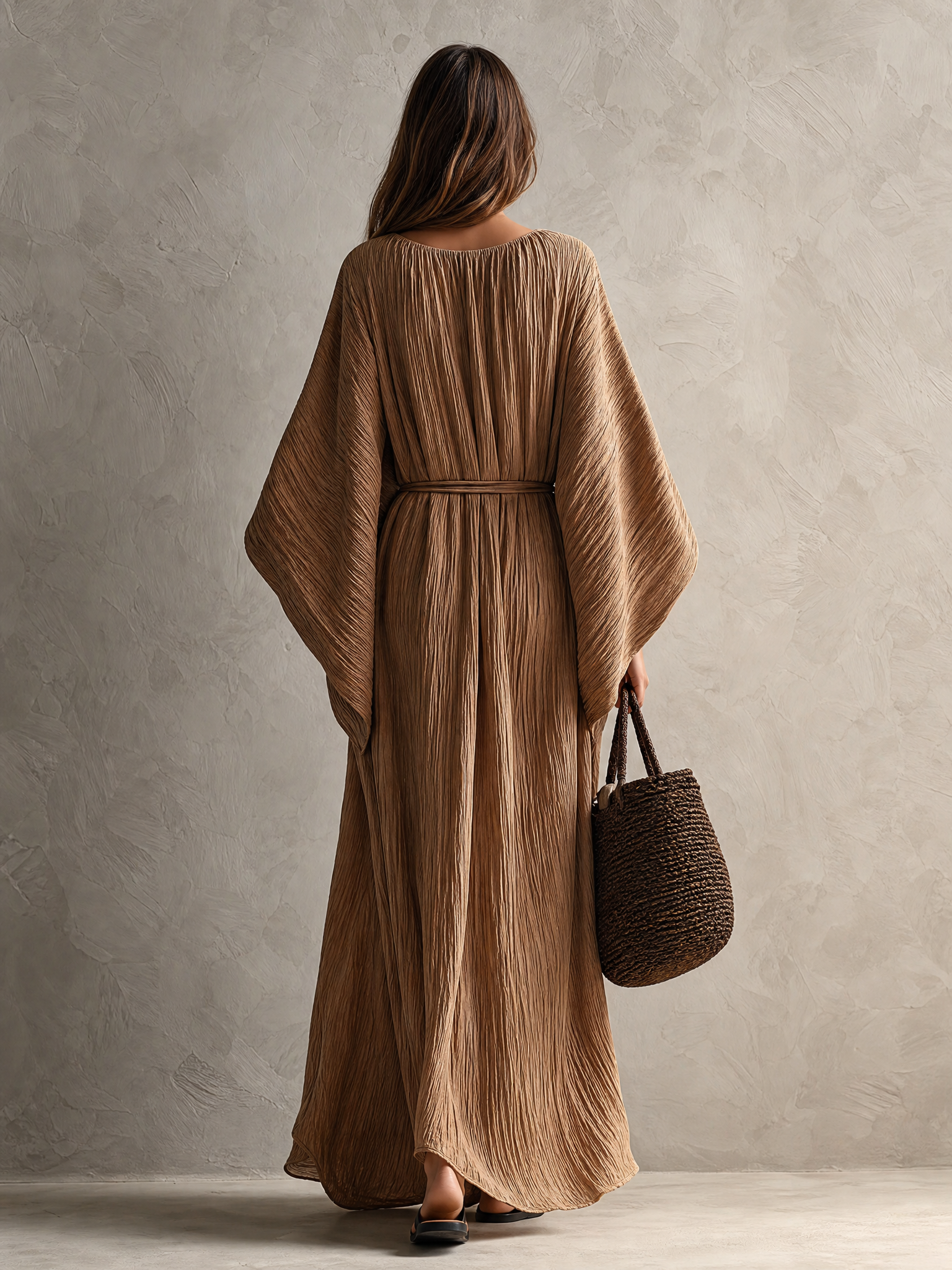 Women's Casual Khaki Woven Pleated Crew-Neck Batwing-Sleeve Maxi Dress MDZ2150G9LXY