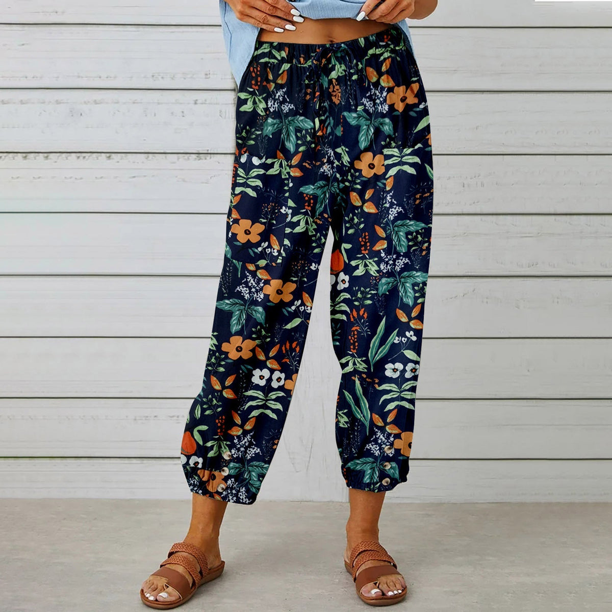 Retro Bedrukte Broek met Hoge Taille en trekkoord