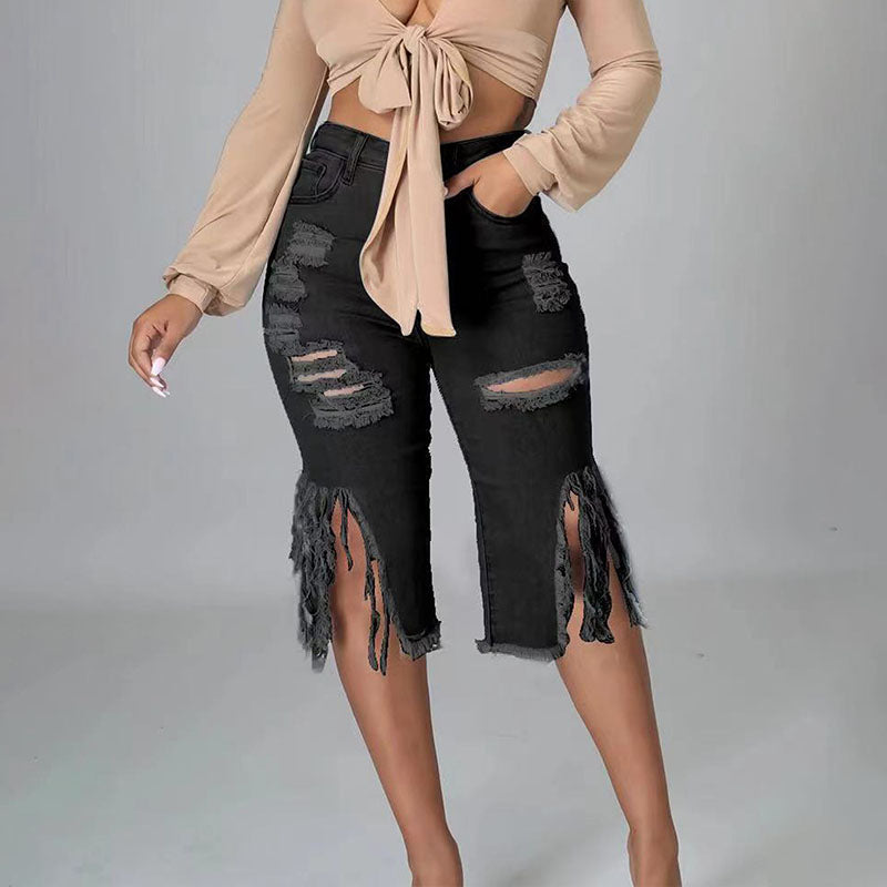 Linae™ | Capribroek van denim met hoge taille, scheuren en franjes