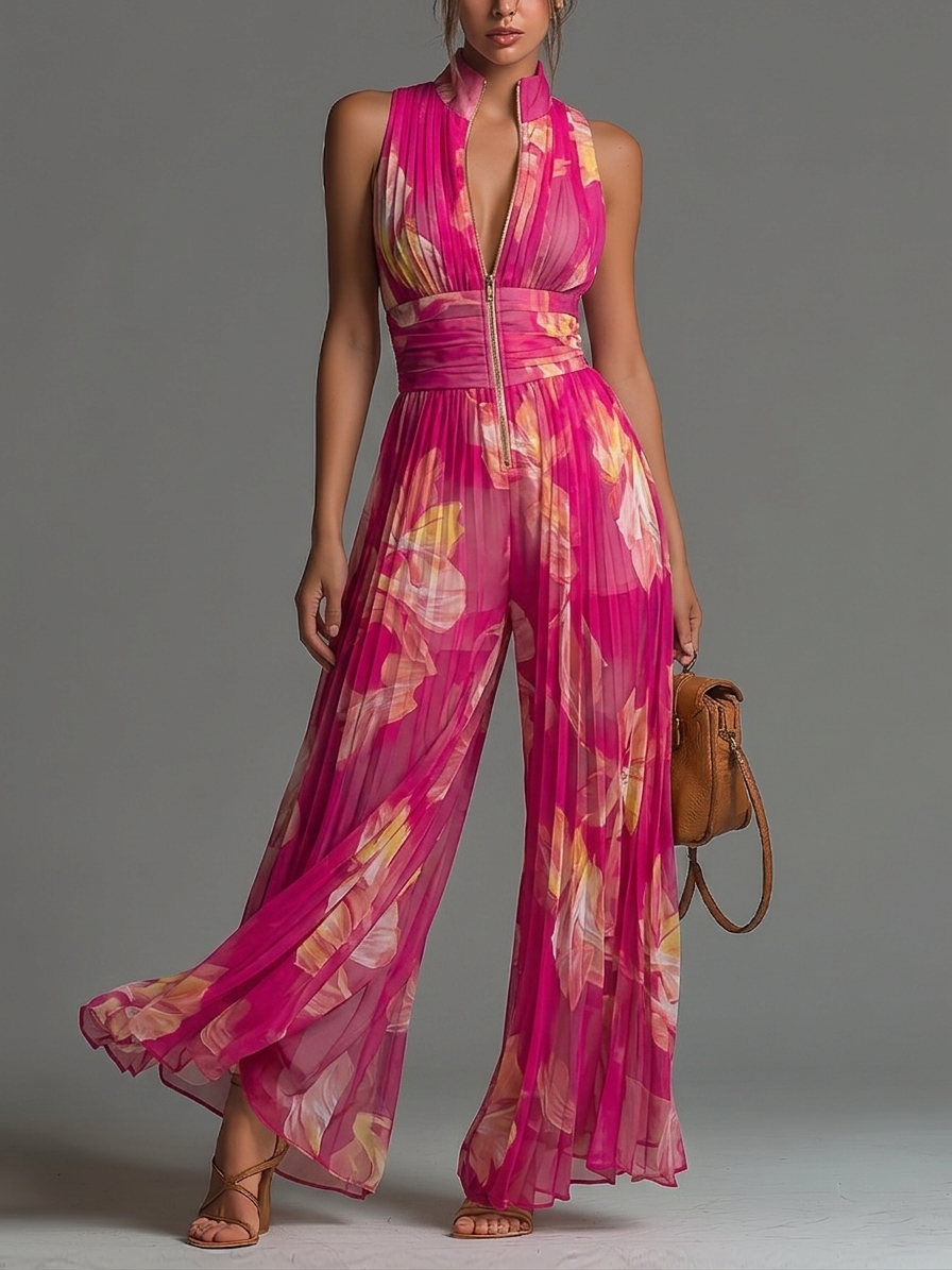 Célia™ | Fuchsia chiffon jumpsuit met bloemenprint en plooien
