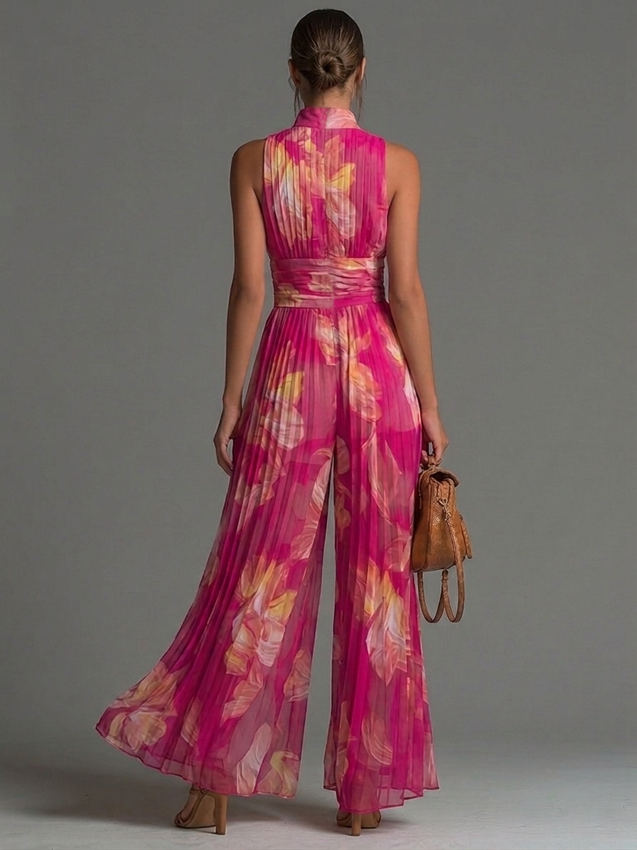 Célia™ | Fuchsia chiffon jumpsuit met bloemenprint en plooien