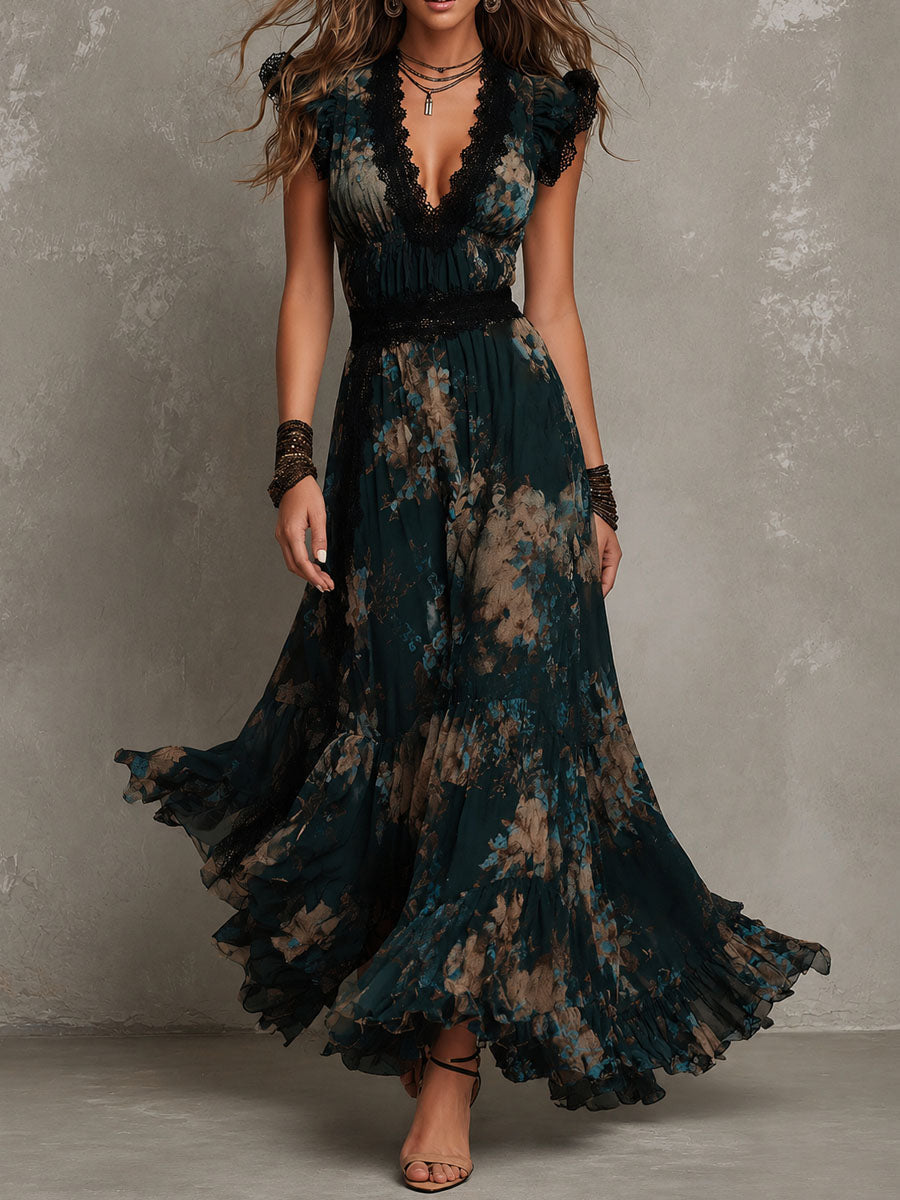 Ingrid™ | Vintage donkergroene maxi-jurk van chiffon met bloemenprint en kanten rand