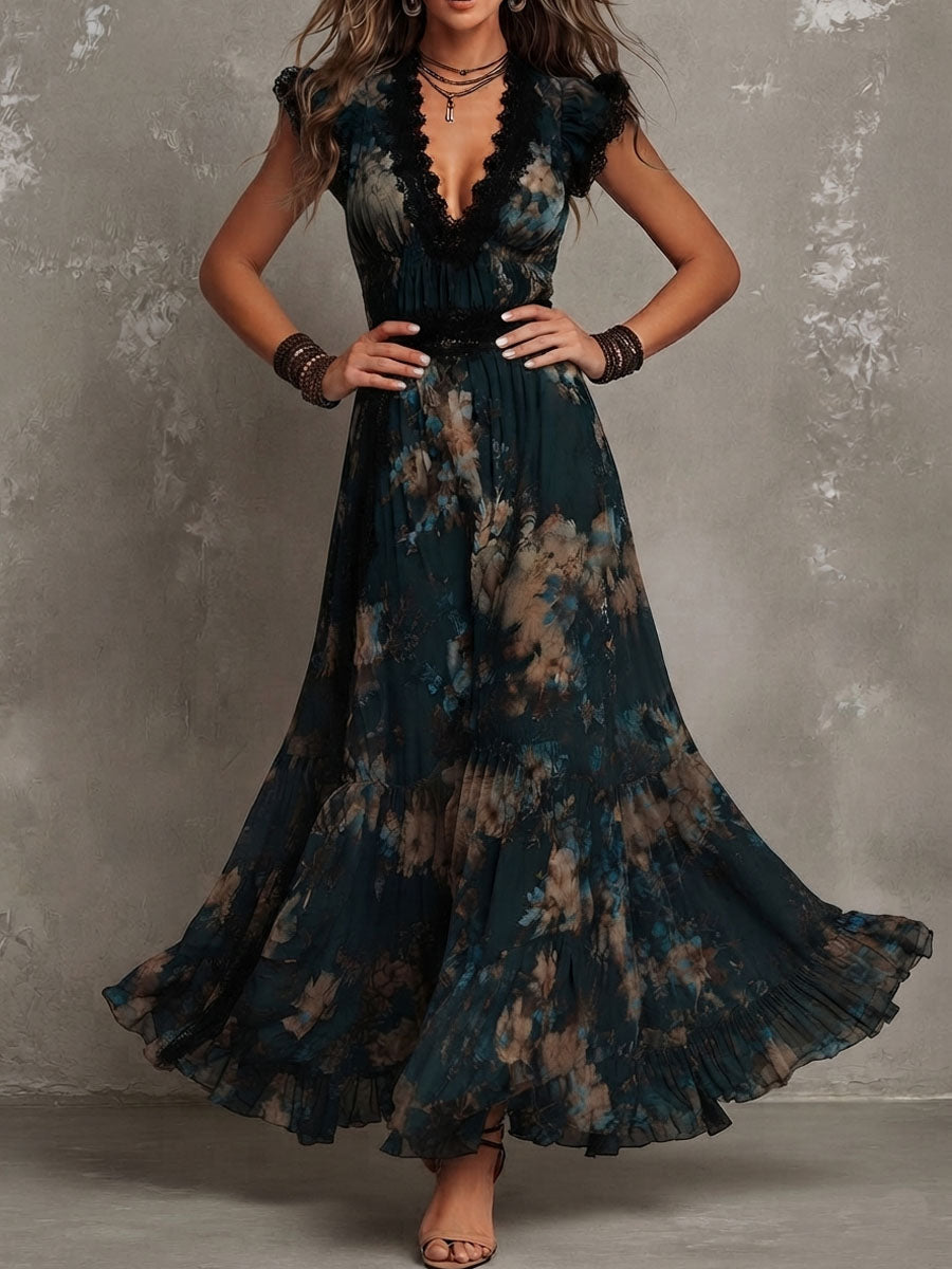 Ingrid™ | Vintage donkergroene maxi-jurk van chiffon met bloemenprint en kanten rand