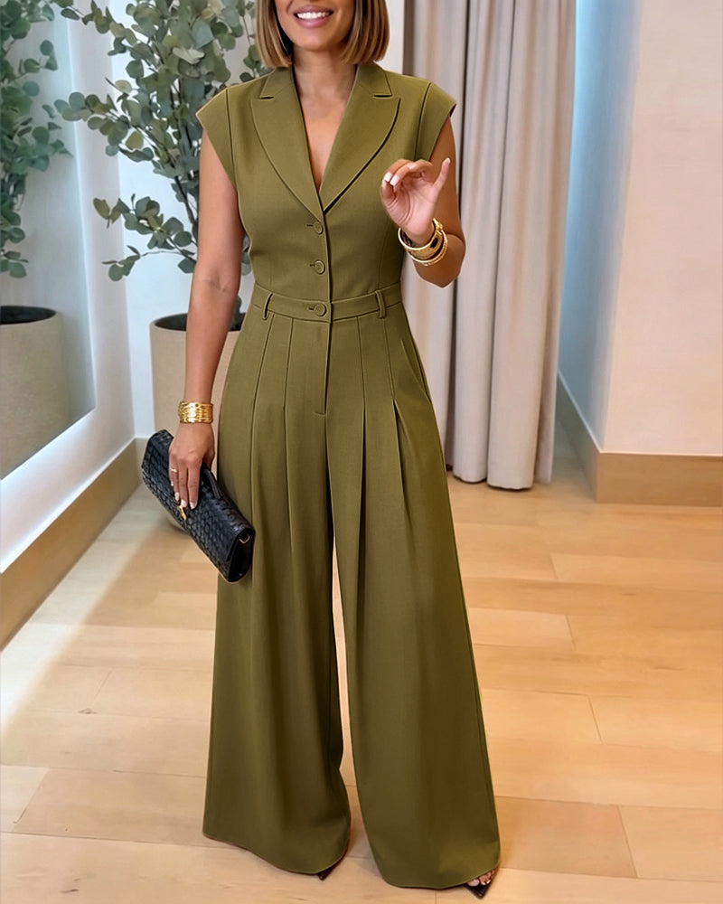 Vero™ | Jumpsuit met revers, V-hals, kapmouwtjes, hoge taille en wijde pijpen – elegante jumpsuit