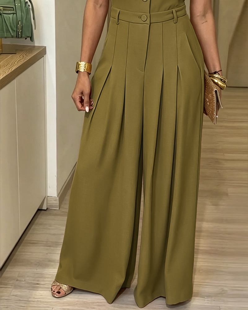 Vero™ | Jumpsuit met revers, V-hals, kapmouwtjes, hoge taille en wijde pijpen – elegante jumpsuit