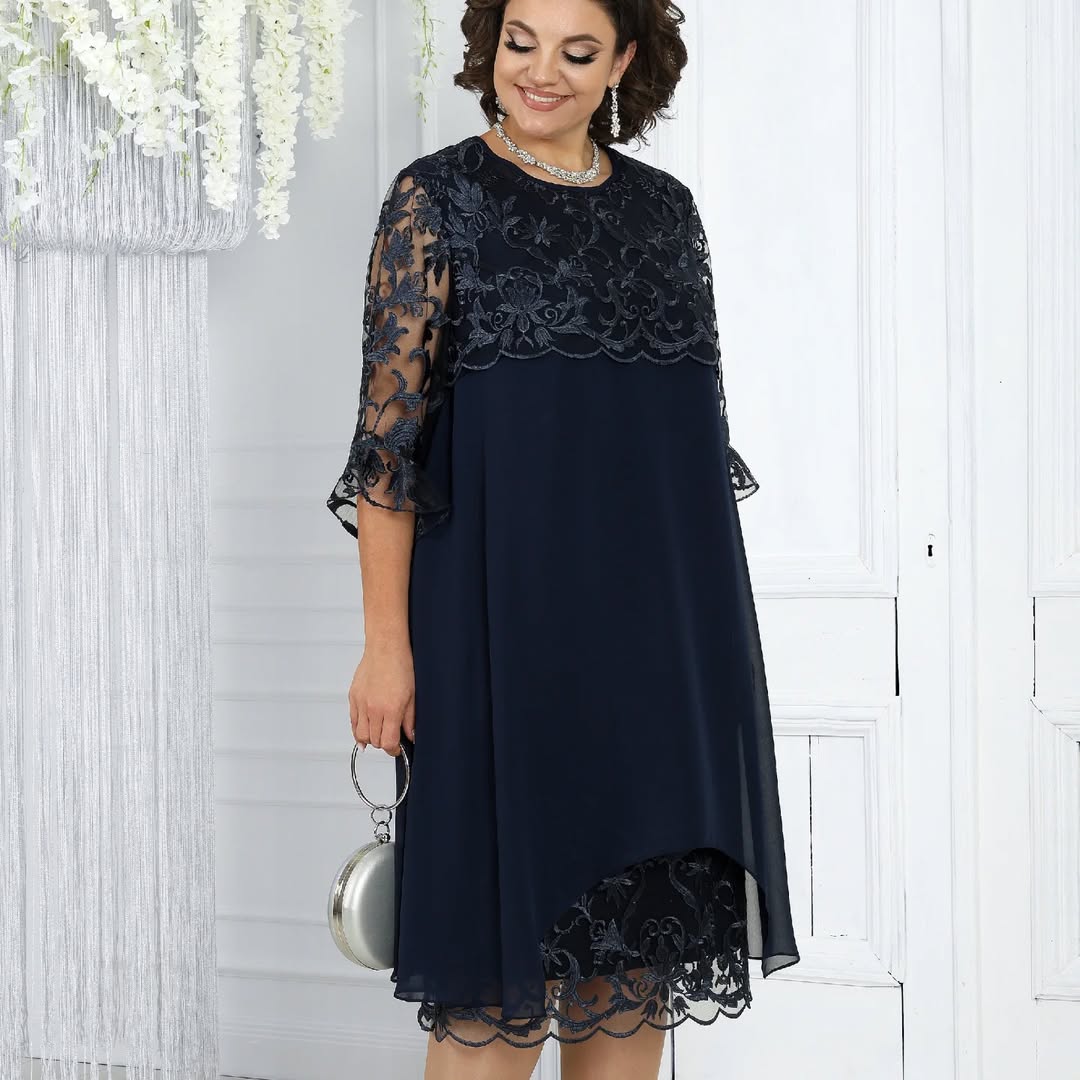 Women's dress with embroidered patchwork chiffon and a round neckline