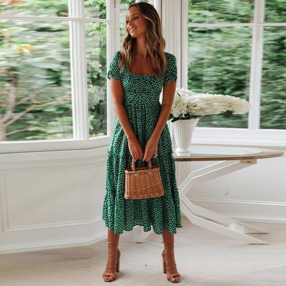 Charlie™ Boheemse Groene Midi Jurk Met Puff Sleeve
