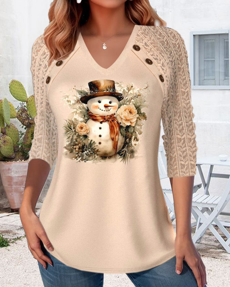Casual V-hals top met sneeuwmanprint