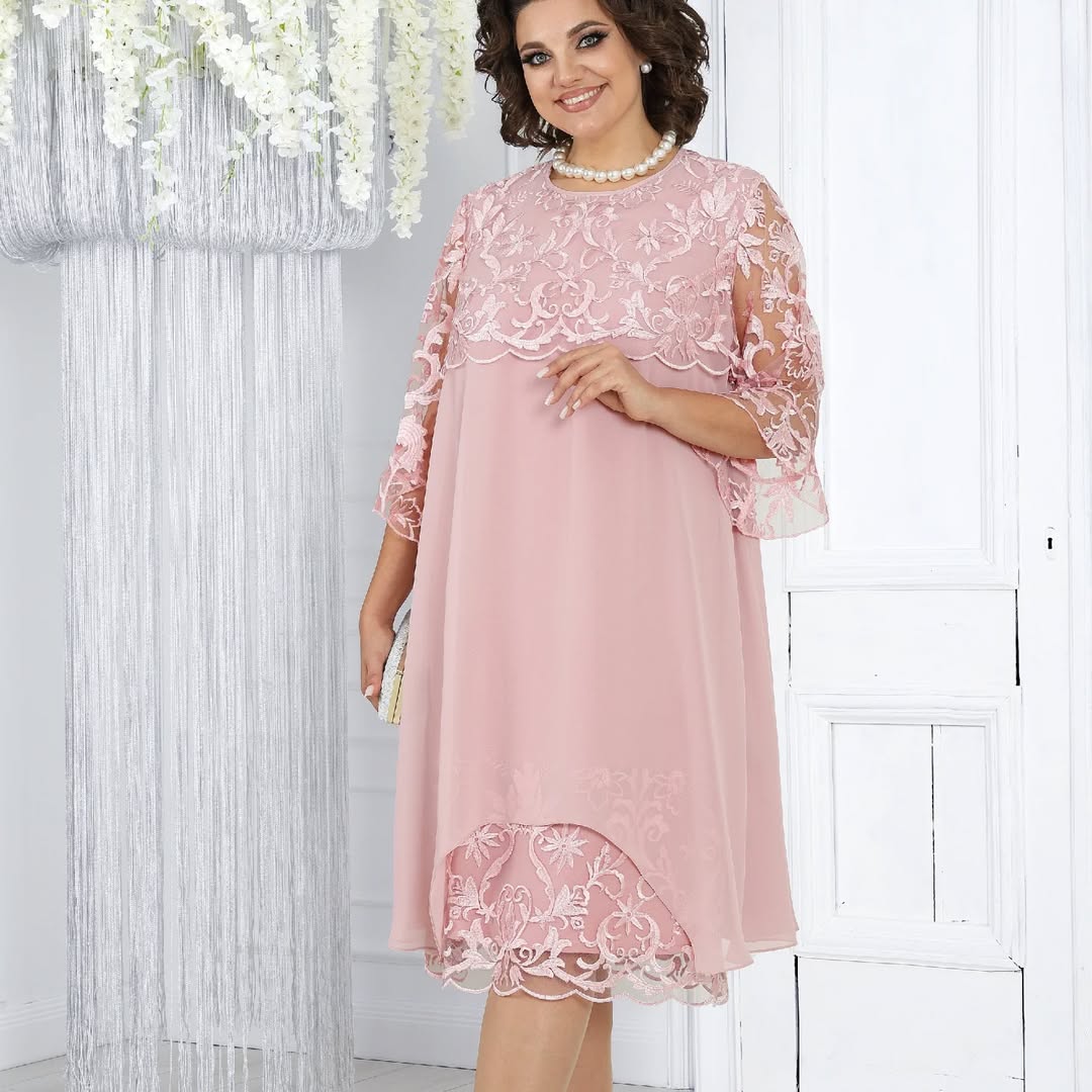 Women's dress with embroidered patchwork chiffon and a round neckline
