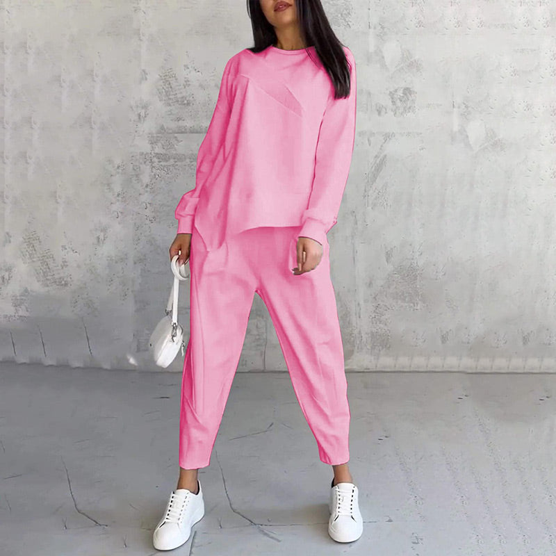 Women's long-sleeve sweatshirt with an asymmetrical hem and a matching set with pants