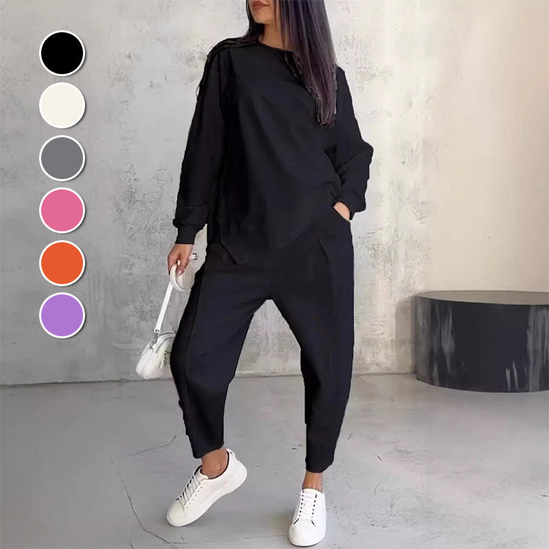 Women's long-sleeve sweatshirt with an asymmetrical hem and a matching set with pants