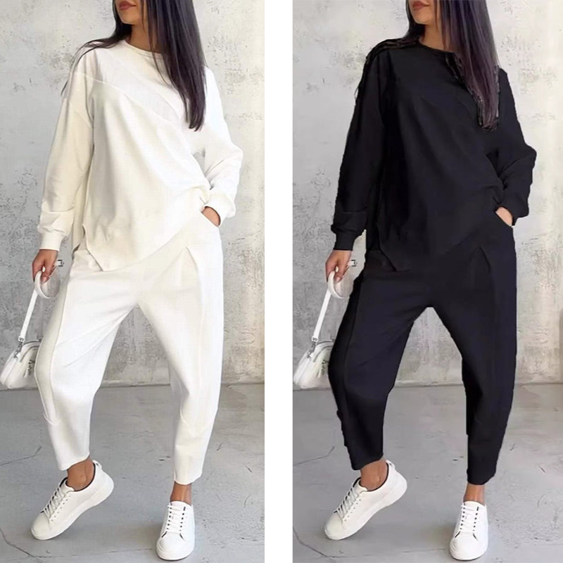 Women's long-sleeve sweatshirt with an asymmetrical hem and a matching set with pants