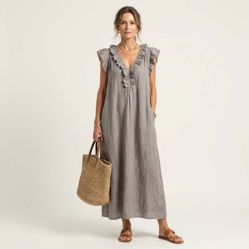 Josette | Linnen maxi-jurk met ruches en V-hals