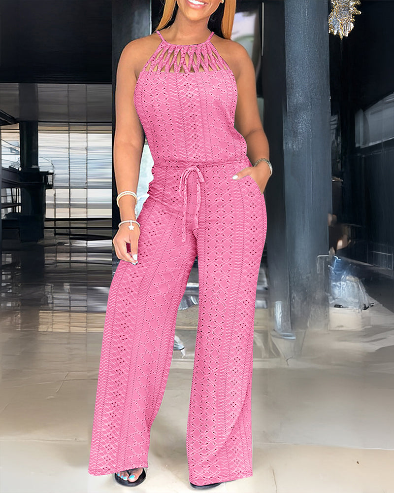 Women's Halter Tie Knit Jacquard Jumpsuit