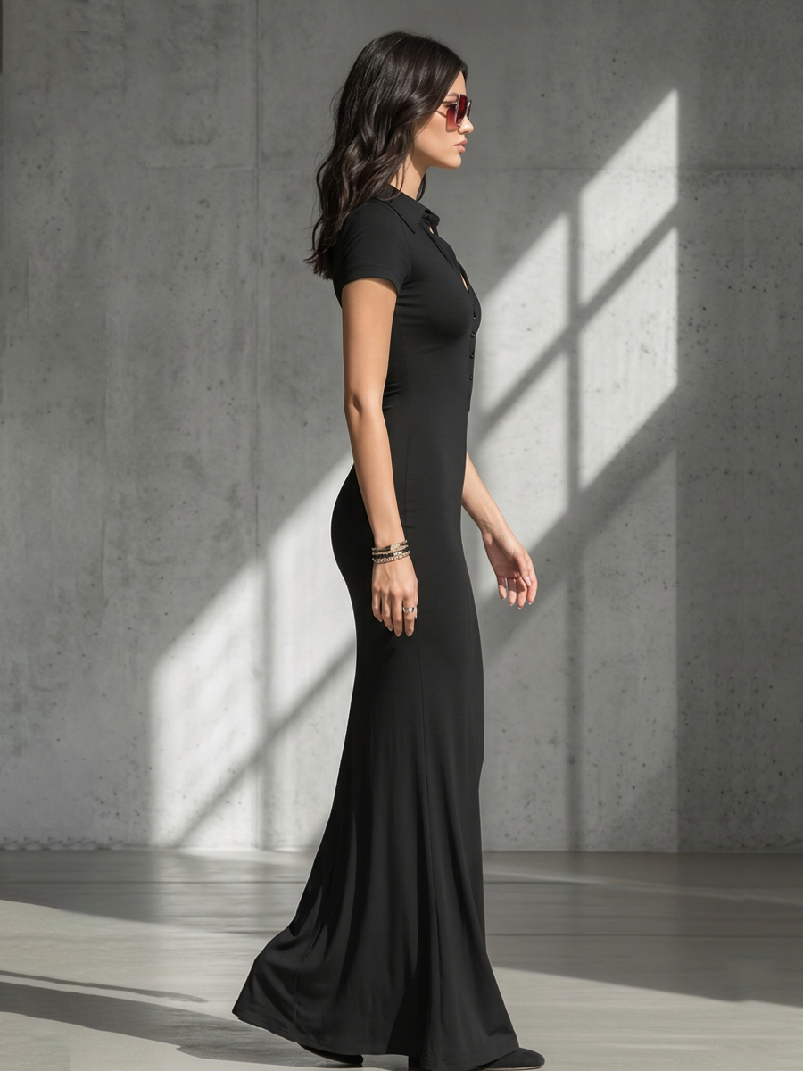 Veya™ | Moderne, minimalistische casual-formele maxi-jurk met V-hals en een nauwsluitend silhouet