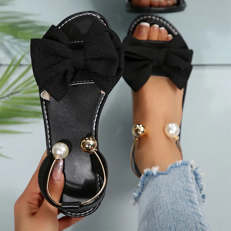 Pearl - Bow Accent Slingback Flat Sandals