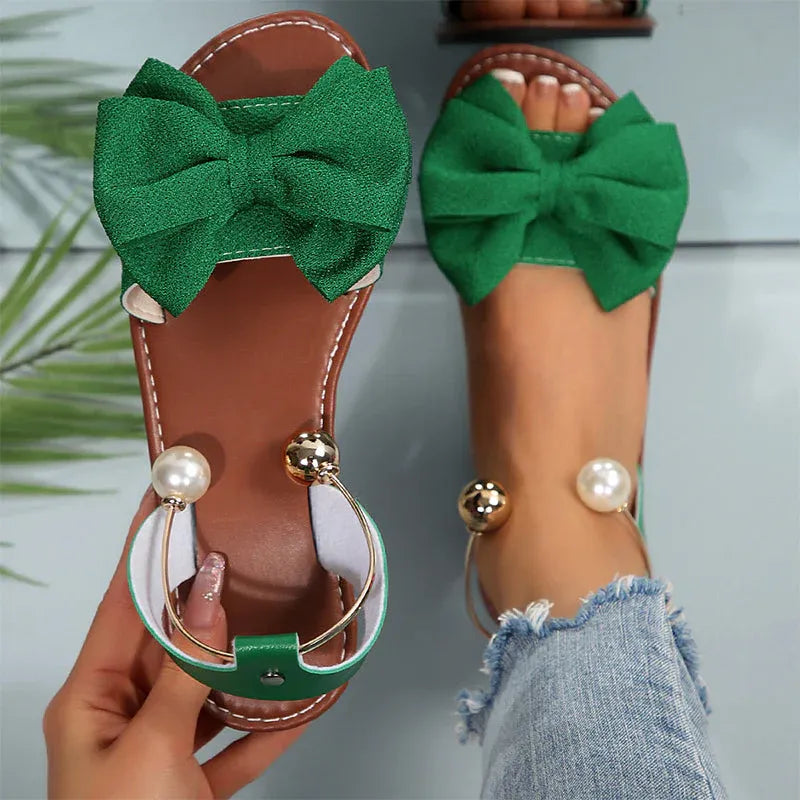 Pearl - Bow Accent Slingback Flat Sandals