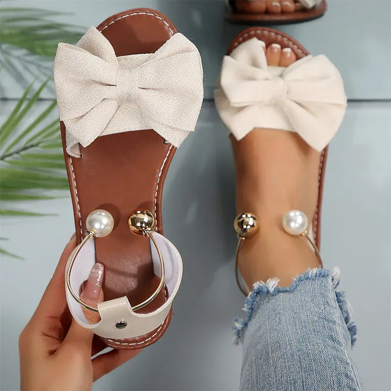 Pearl - Bow Accent Slingback Flat Sandals
