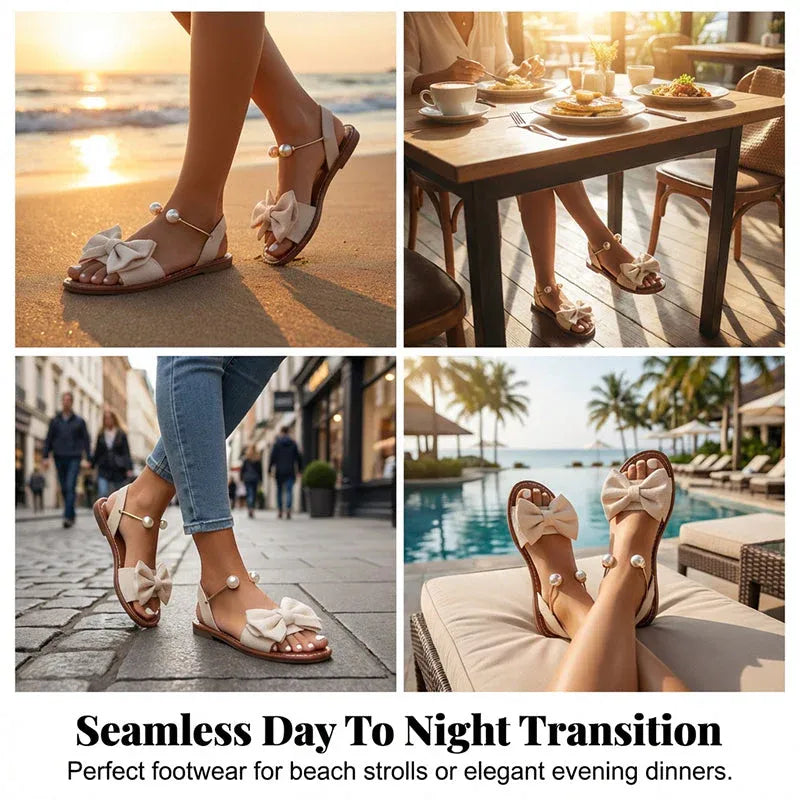 Pearl - Bow Accent Slingback Flat Sandals