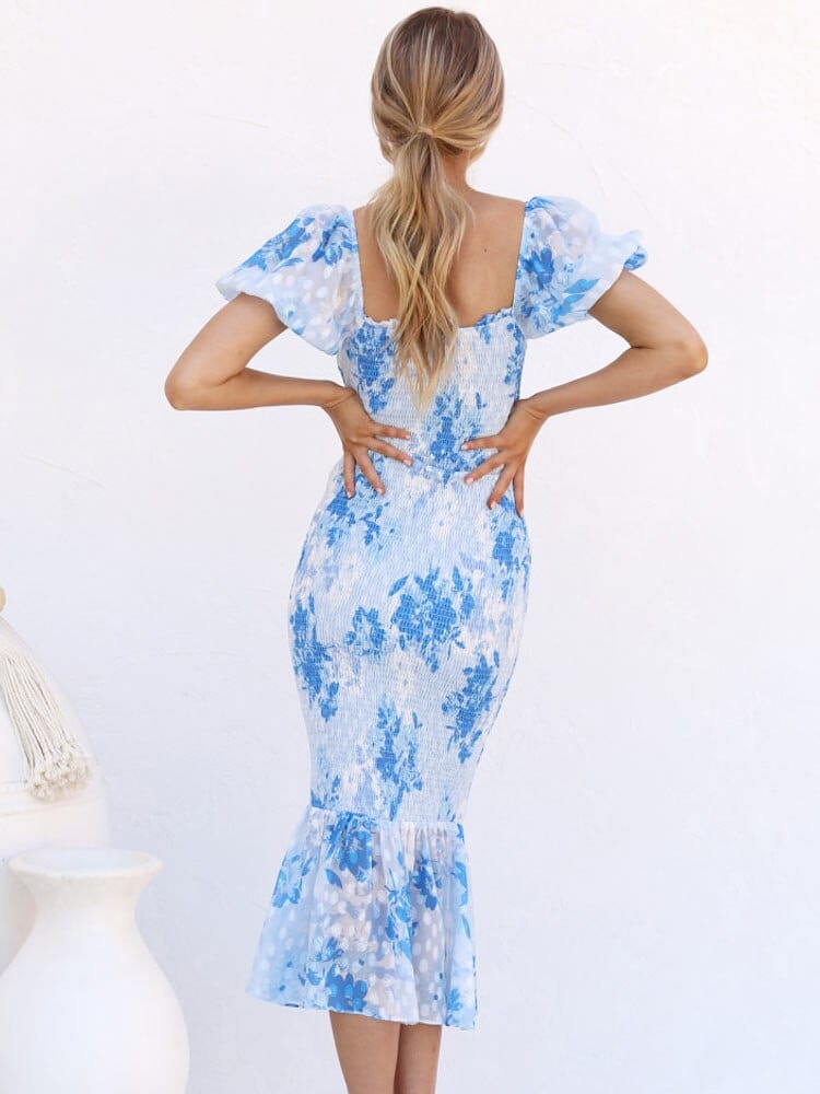 Lena™ Blauwe Midi Mermaid Jurk Met Puff Mouwen