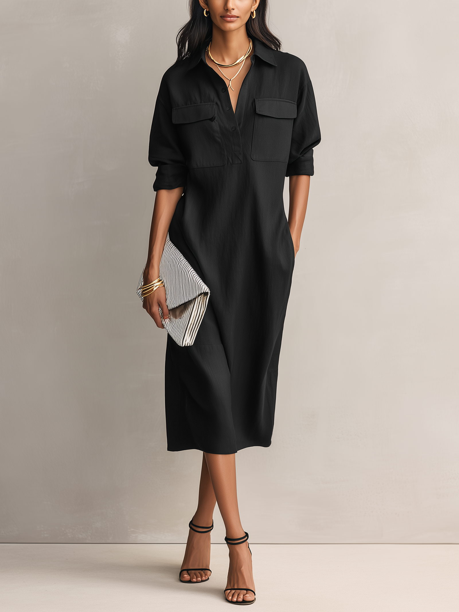 Women's Elegant Black Cotton-linen Blend Shirt Collar Short-sleeved Midi Dress