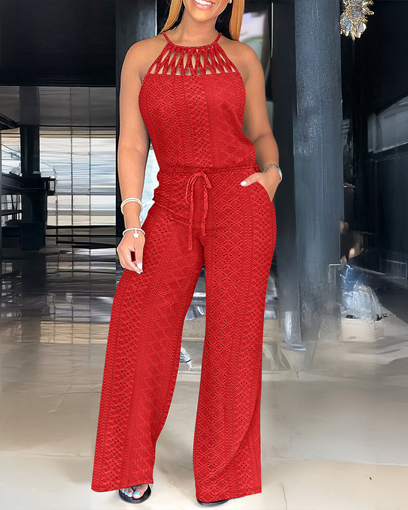 Women's Halter Tie Knit Jacquard Jumpsuit