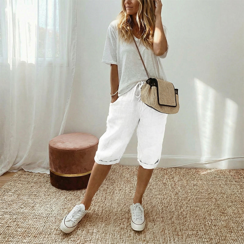 Casual cotton and linen capri pants for women