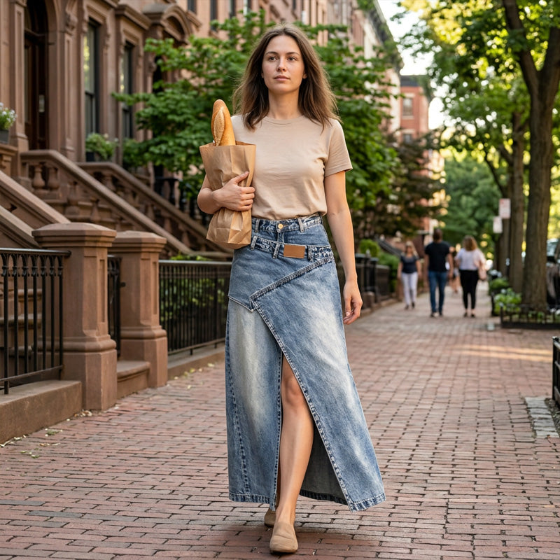 Johanna | Vrouwen denim maxi rok met gelaagde tailleband