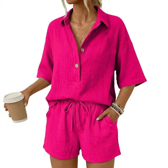 Rosa™ | Casual tweedelige shorts-set voor dames met knoopsluiting aan de voorkant