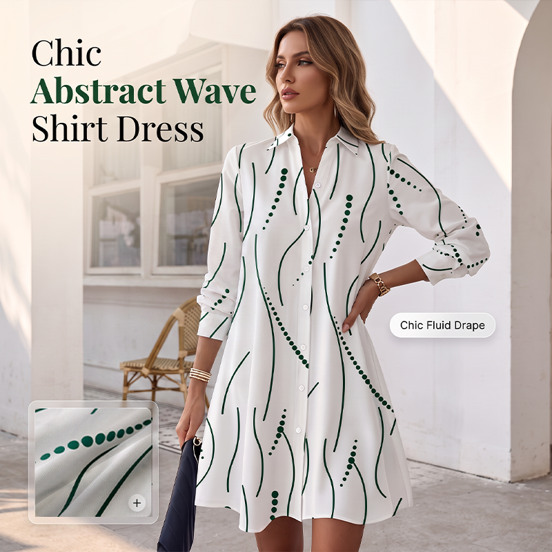 Fena™ | Damesshirtjurk met lange mouwen en print, casual, elegante midi-jurk met knopen