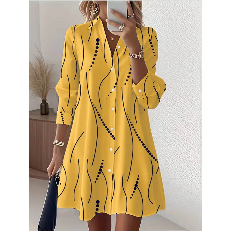 Fena™ | Damesshirtjurk met lange mouwen en print, casual, elegante midi-jurk met knopen