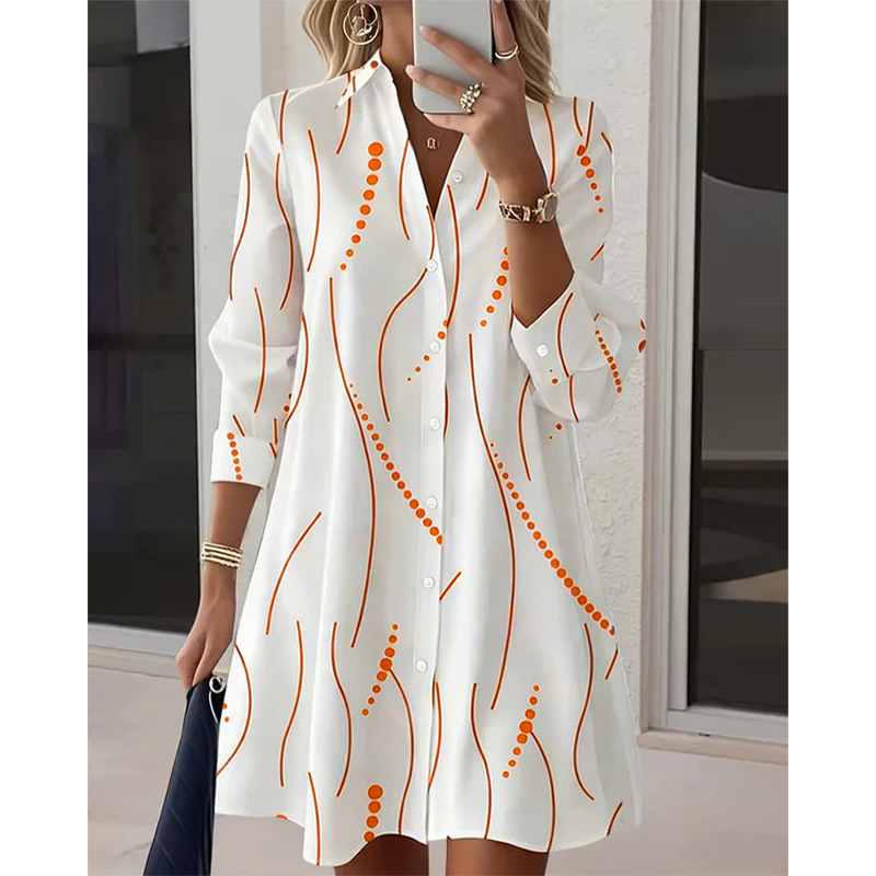 Fena™ | Damesshirtjurk met lange mouwen en print, casual, elegante midi-jurk met knopen