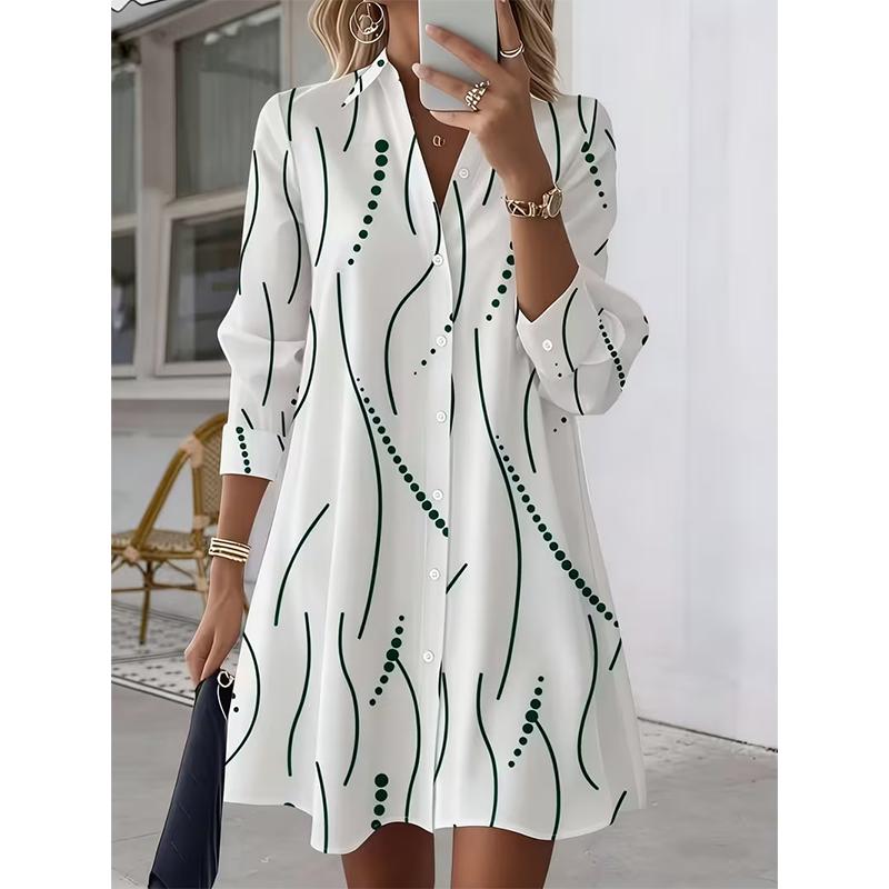Fena™ | Damesshirtjurk met lange mouwen en print, casual, elegante midi-jurk met knopen