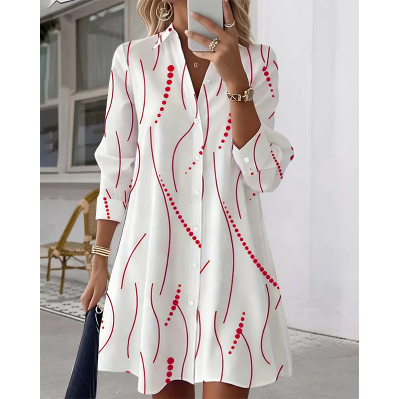 Fena™ | Damesshirtjurk met lange mouwen en print, casual, elegante midi-jurk met knopen