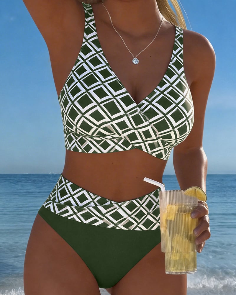 Two-piece bikini with a bra-style top and diamond pattern