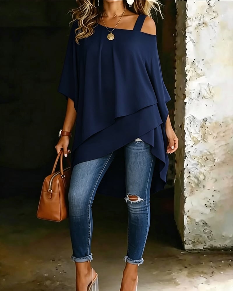 Marie | Blouse met asymmetrische open schouders, effen kleur, casual