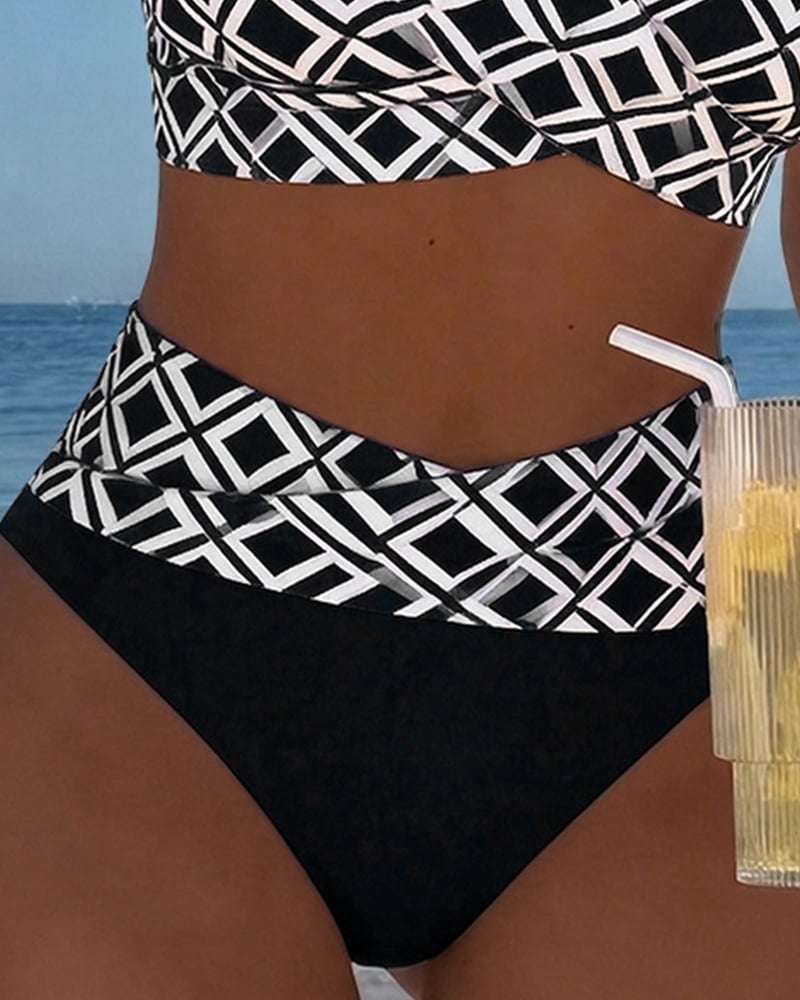 Two-piece bikini with a bra-style top and diamond pattern