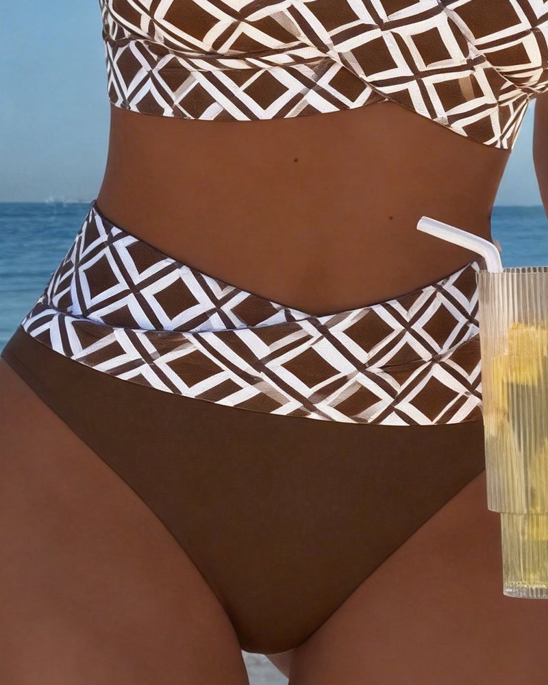 Two-piece bikini with a bra-style top and diamond pattern