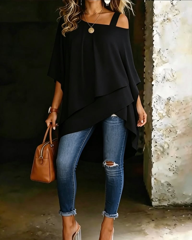 Marie | Blouse met asymmetrische open schouders, effen kleur, casual