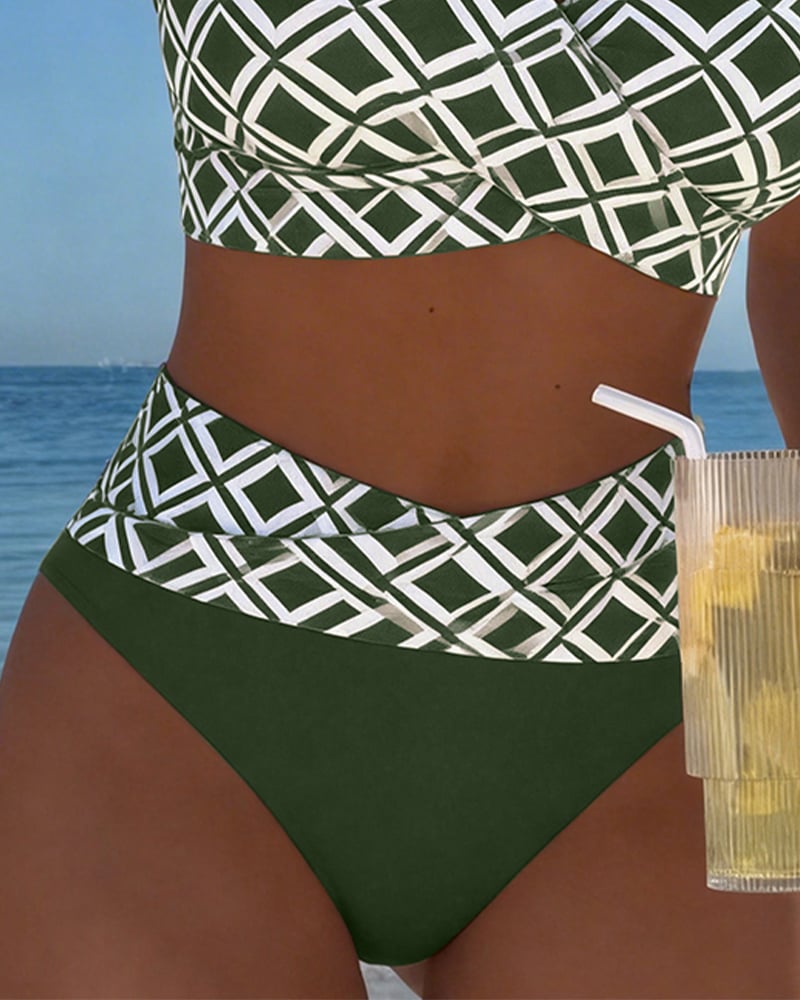 Two-piece bikini with a bra-style top and diamond pattern