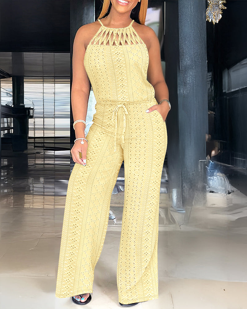 Women's Halter Tie Knit Jacquard Jumpsuit