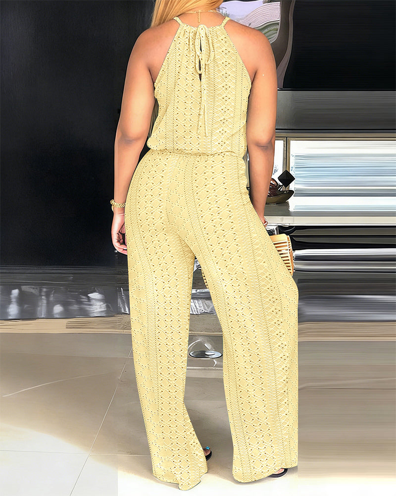 Women's Halter Tie Knit Jacquard Jumpsuit